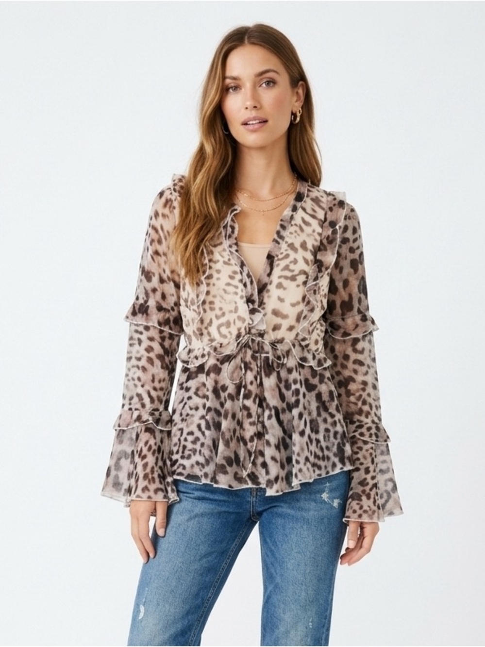 Olia Leopard Animal Print Sheer Ruffle V-Neck Blouse